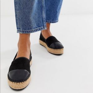Black Faux Leather & Suede Low Platform Espadrille